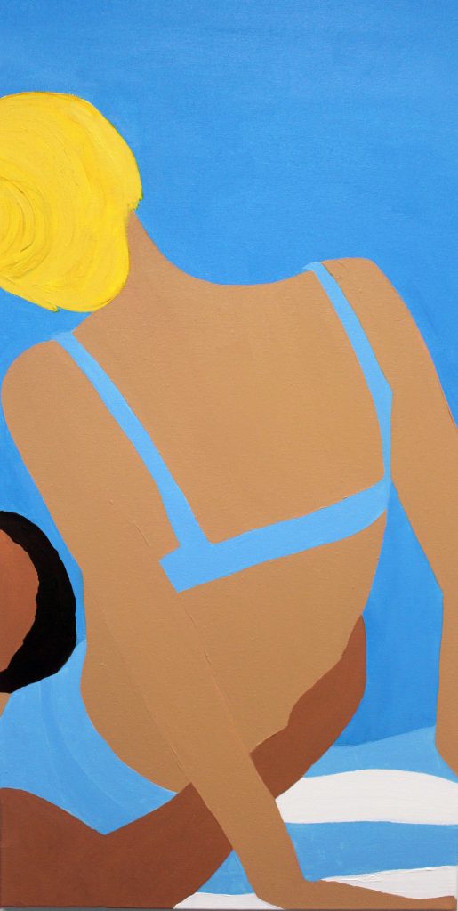 painting of a woman sunbathing against blue