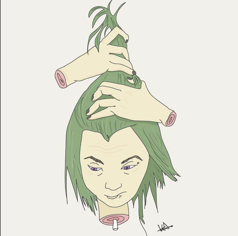 Digital drawing of a woman with green hair