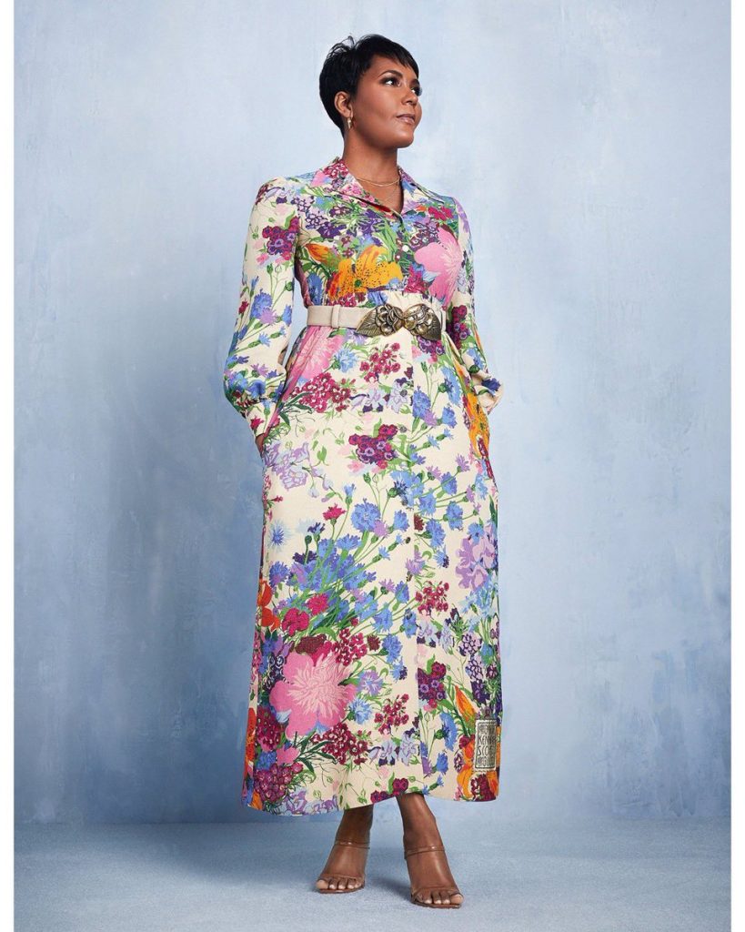 Keisha Lance Bottoms in a full length floral dress