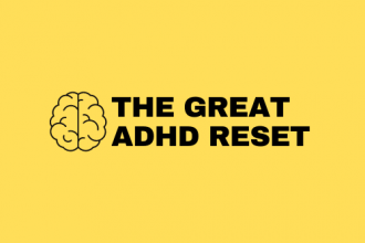 The Great ADHD Reset. Illustration of a brain on yellow background